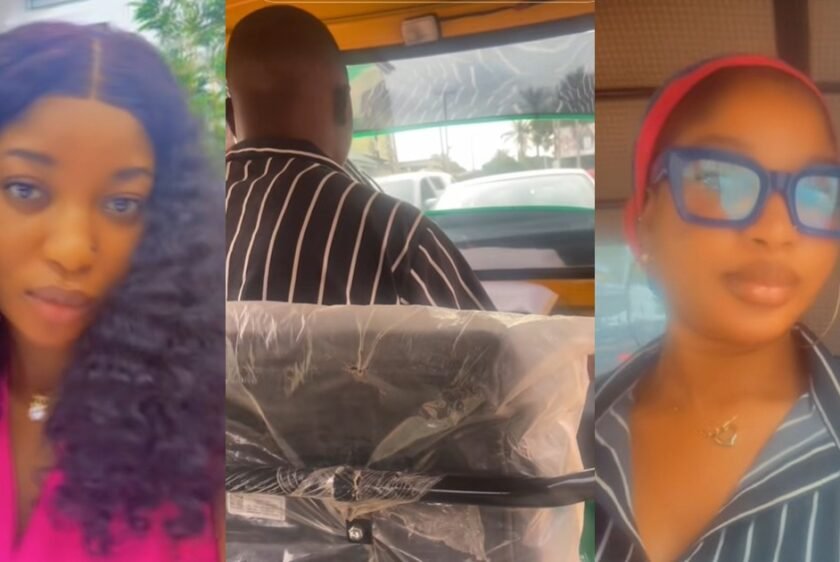 “See how person jam is future husband unexpectedly” – Lady coincidentally wore a matching outfit with a Keke Napep rider (VIDEO)