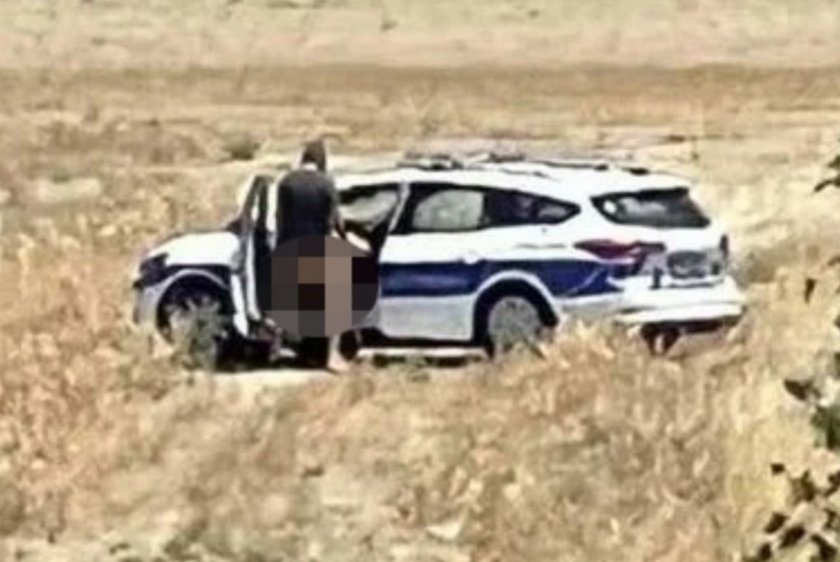 Shocking moment two brazen cops are caught romping in field propped against their police car in broad daylight clinch