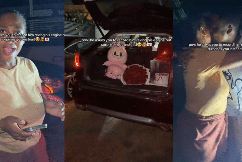 Woman gets a surprise after her man asks her to record him revving his car engine (Watch)